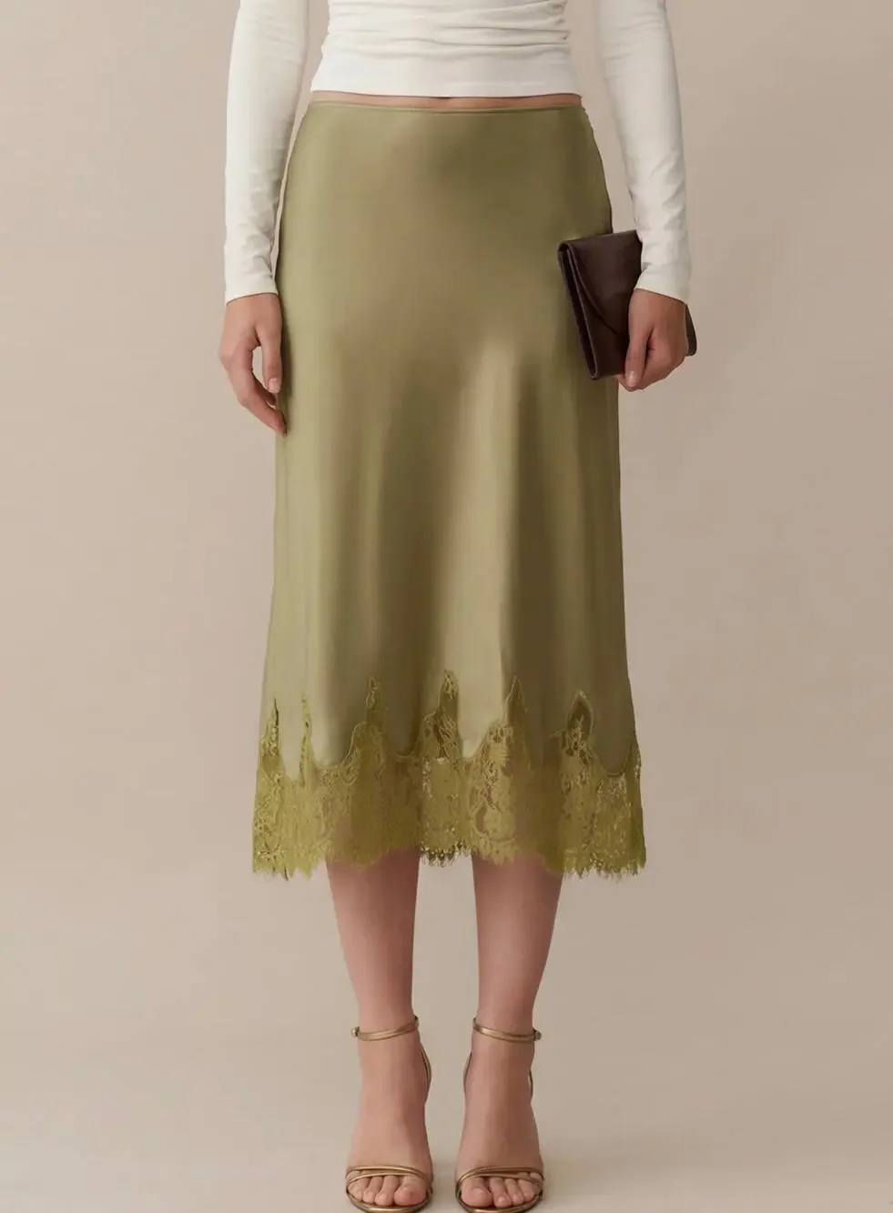 New Kourt Avery moss green satin skirt lace $172 sz S